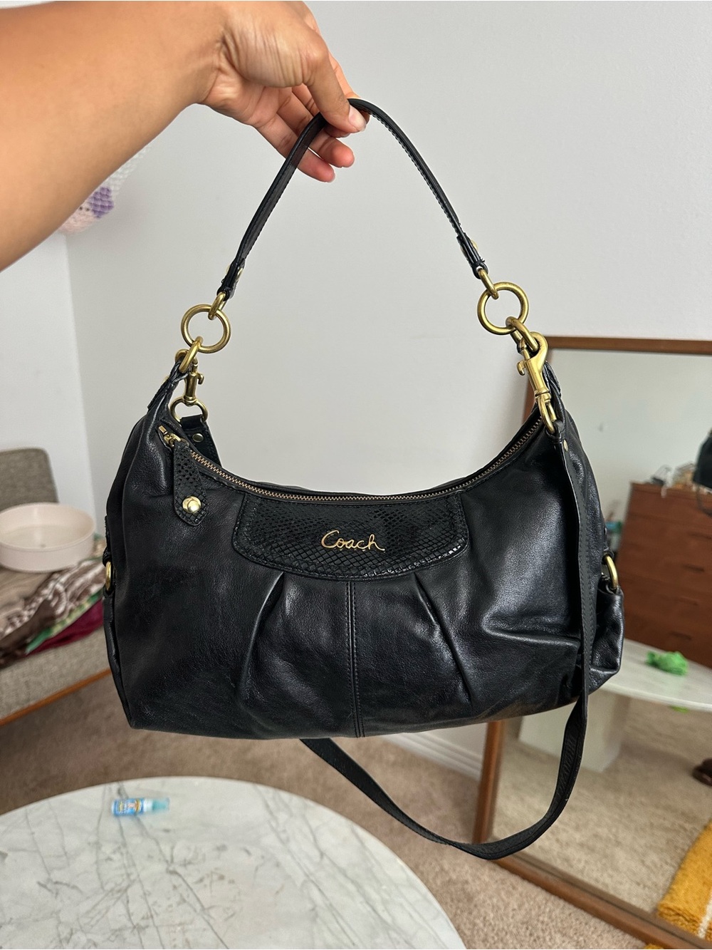 Coach Ashley Black Leather Shoulder Bag with Gold Hardware